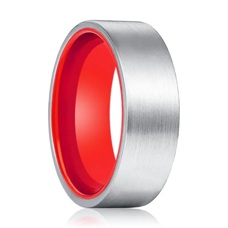 Macau | Red Ring, Silver Tungsten Ring, Brushed, Flat 1