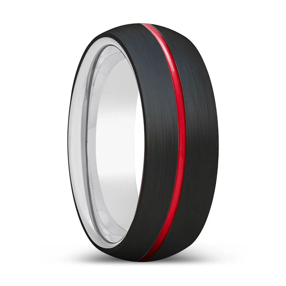 Macho | Silver Ring, Black Tungsten Ring, Red Groove, Domed 1