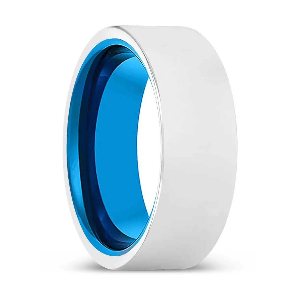 Mack | Blue Tungsten Ring, Silver Tungsten Ring, Shiny, Flat 1