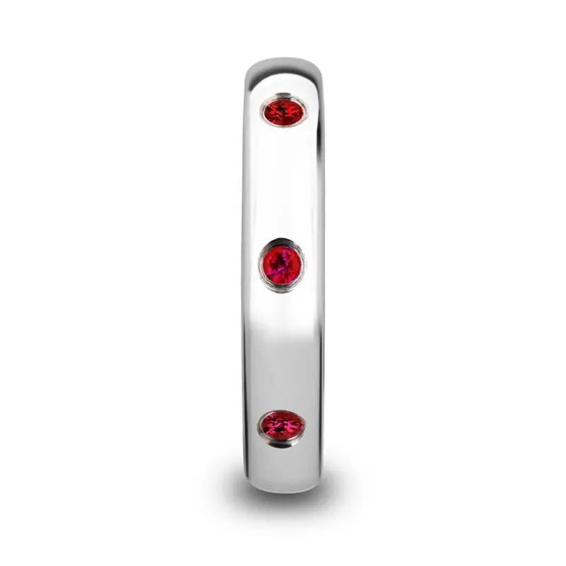 Maera | Womens Tungsten Ring, 3 Red Rubies Setting, Domed 2