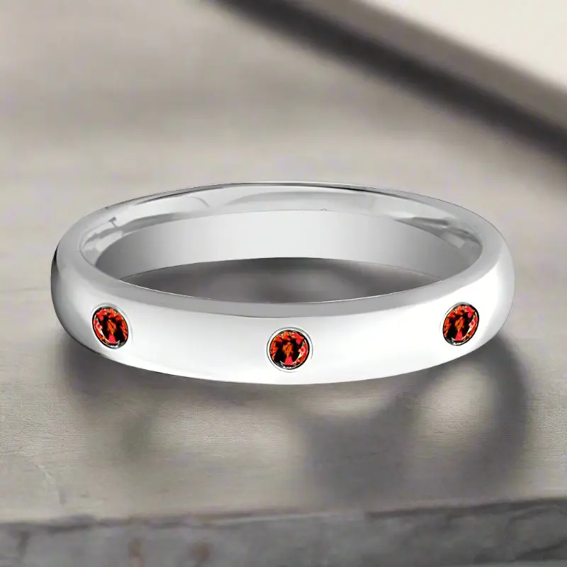 Maera | Womens Tungsten Ring, 3 Red Rubies Setting, Domed 4
