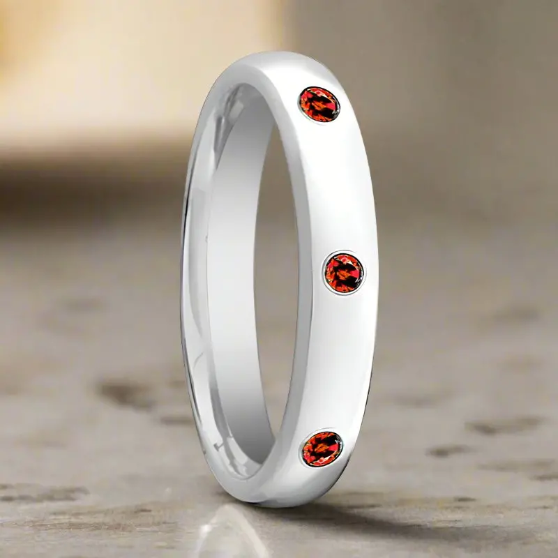 Maera | Womens Tungsten Ring, 3 Red Rubies Setting, Domed 3
