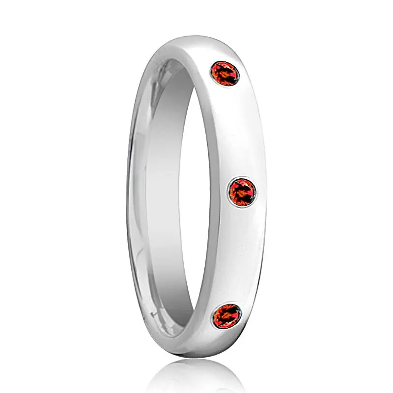 Maera | Womens Tungsten Ring, 3 Red Rubies Setting, Domed 1