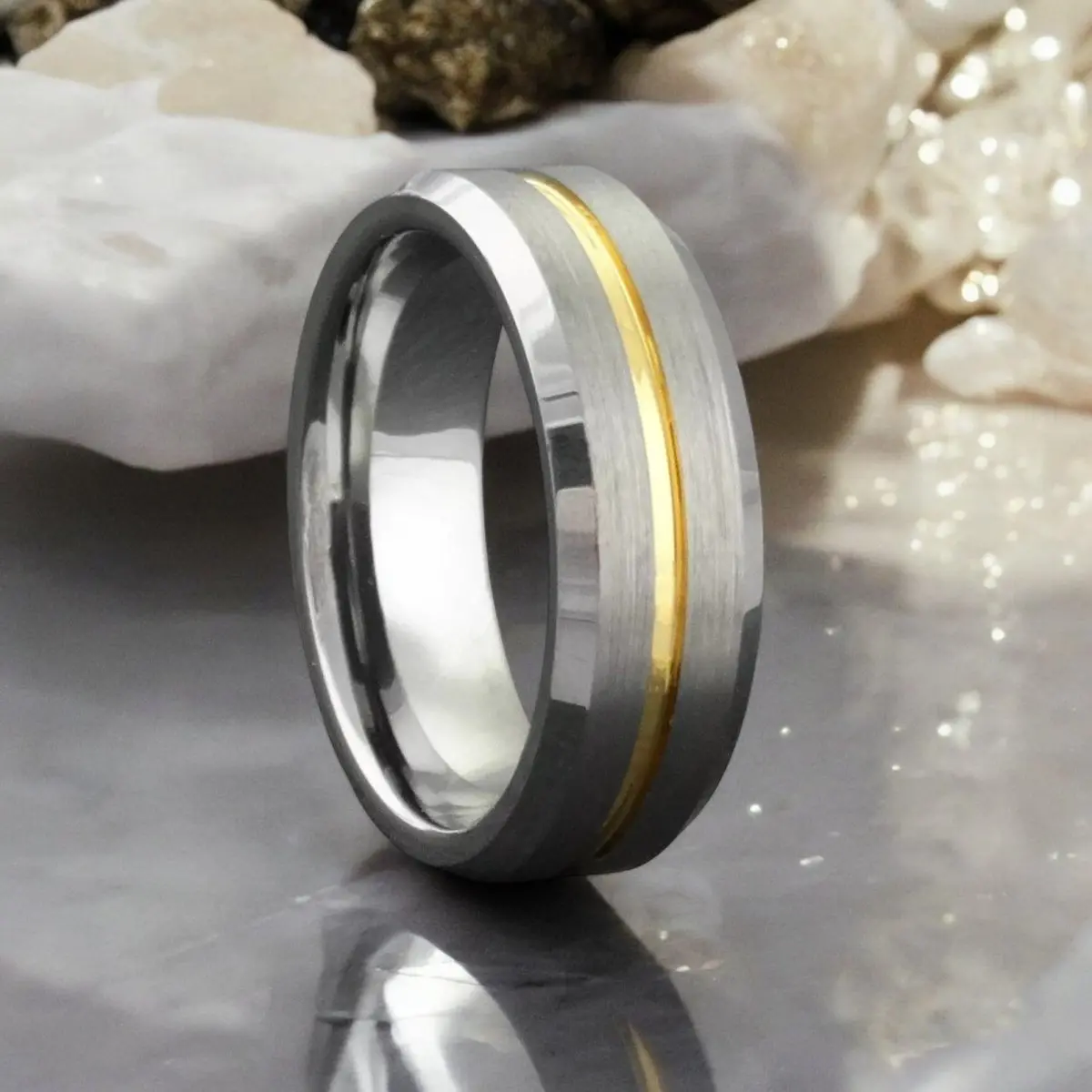 Maestro | Silver Tungsten Ring, Gold Groove, Beveled 1