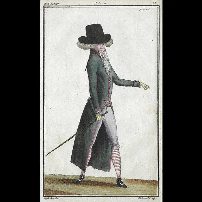 Magasin Des Modes Nouvelles Françaises Et Anglaises, 35Ème Cahier, Planche I - Jeune Homme En Habit Redingote Vert Noir (1787) 1