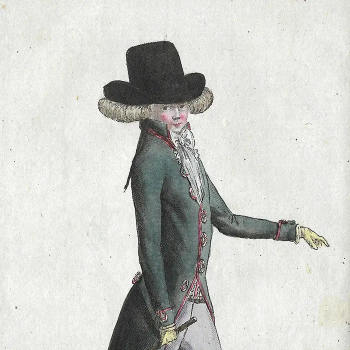 Magasin Des Modes Nouvelles Françaises Et Anglaises, 35Ème Cahier, Planche I - Jeune Homme En Habit Redingote Vert Noir (1787) 2
