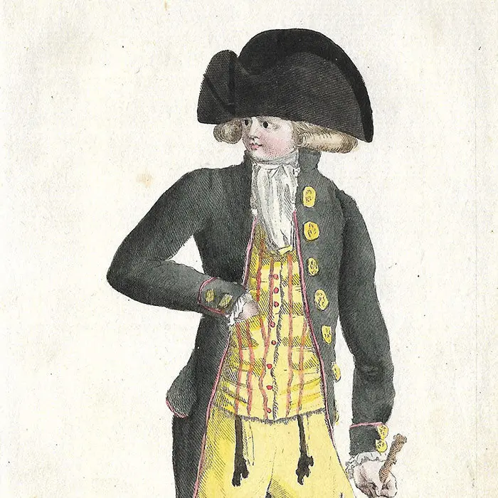 Magasin Des Modes Nouvelles Françaises Et Anglaises, 23Ème Cahier, Planche 1 - Jeune Homme En Habit De Drap Vert Noir (1787) 2