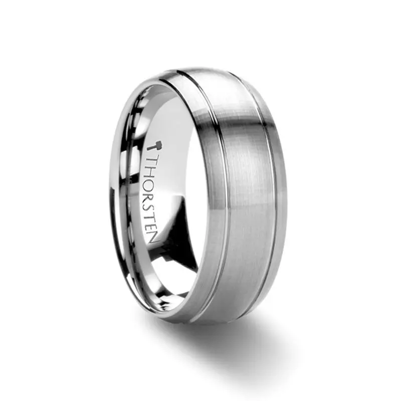 Magnus | Silver Tungsten Ring, Dual Grooves, Brushed 1
