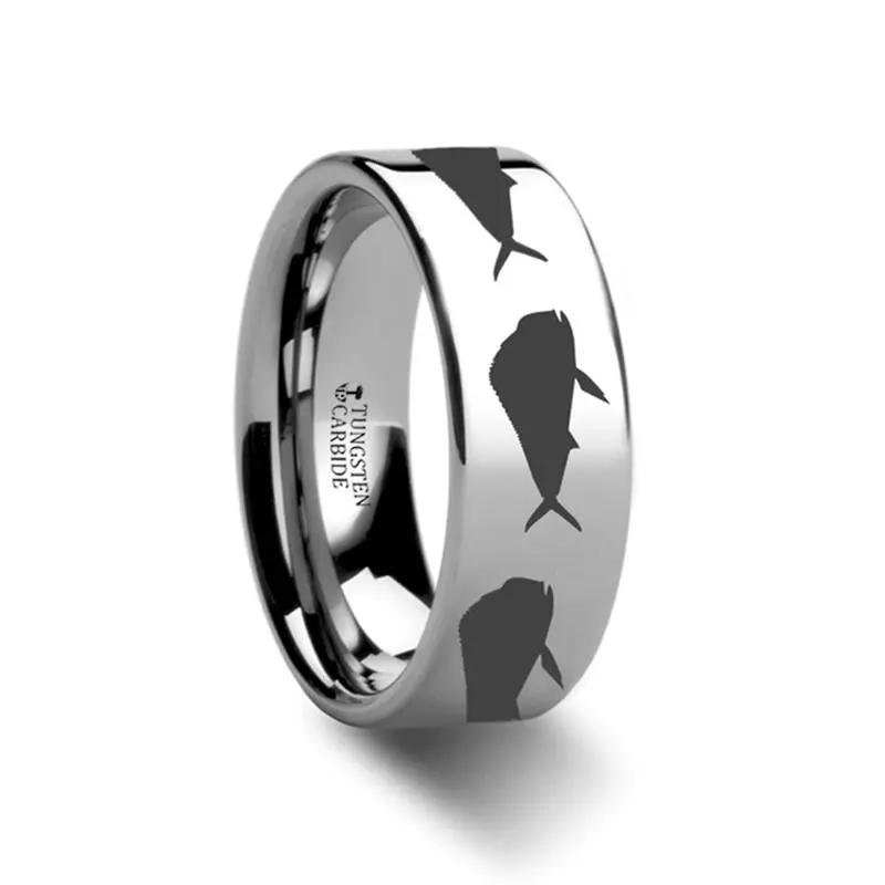 Mahi Fish Jumping Sea Pattern Print Laser Engraved Flat Tungsten Couple Matching Ring - 4Mm - 12Mm 1
