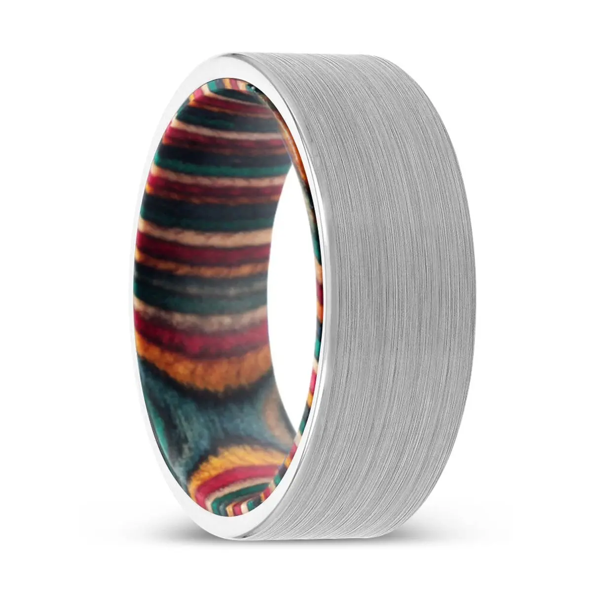 Mahoney | Multi Color Wood, White Tungsten Ring, Brushed, Flat 1