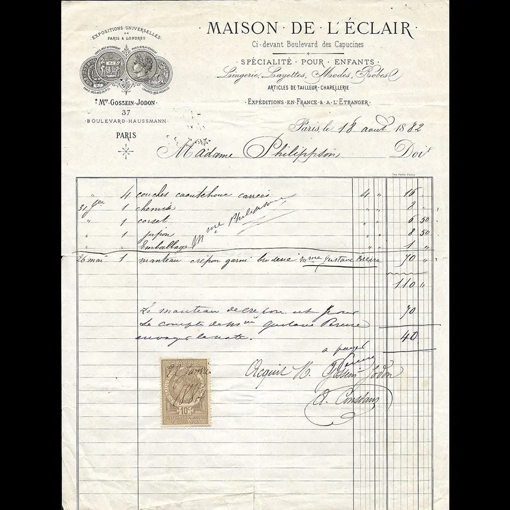 Maison De L'eclair - Facture De La Maison Spécialisée En Costumes D'enfants, 37 Boulevard Haussmann À Paris (1882) 1