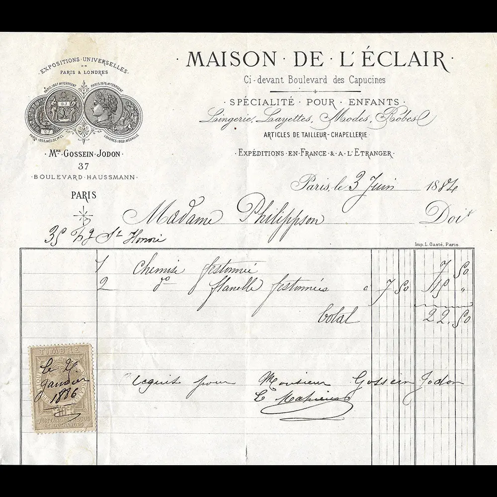 Maison De L'eclair - Facture De La Maison Spécialisée En Costumes D'enfants, 37 Boulevard Haussmann À Paris (1884) 1