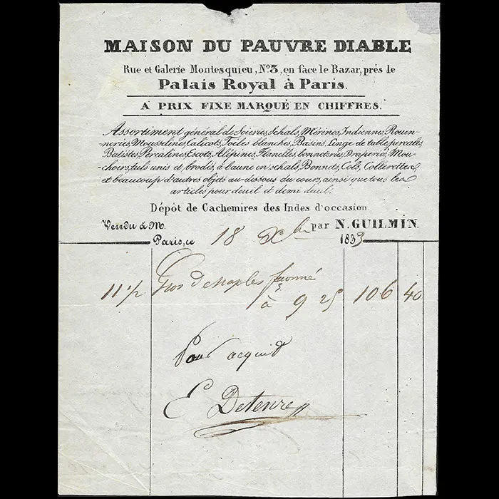 Maison Du Pauvre Diable - Facture Du Magasin D'étoffes, Rue Et Galerie Montesquieu À Paris (1833) 1