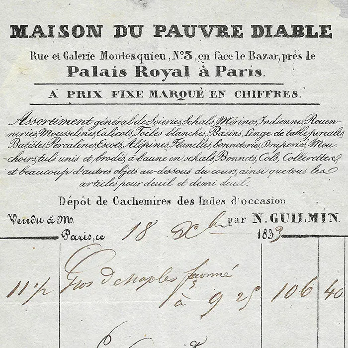 Maison Du Pauvre Diable - Facture Du Magasin D'étoffes, Rue Et Galerie Montesquieu À Paris (1833) 2