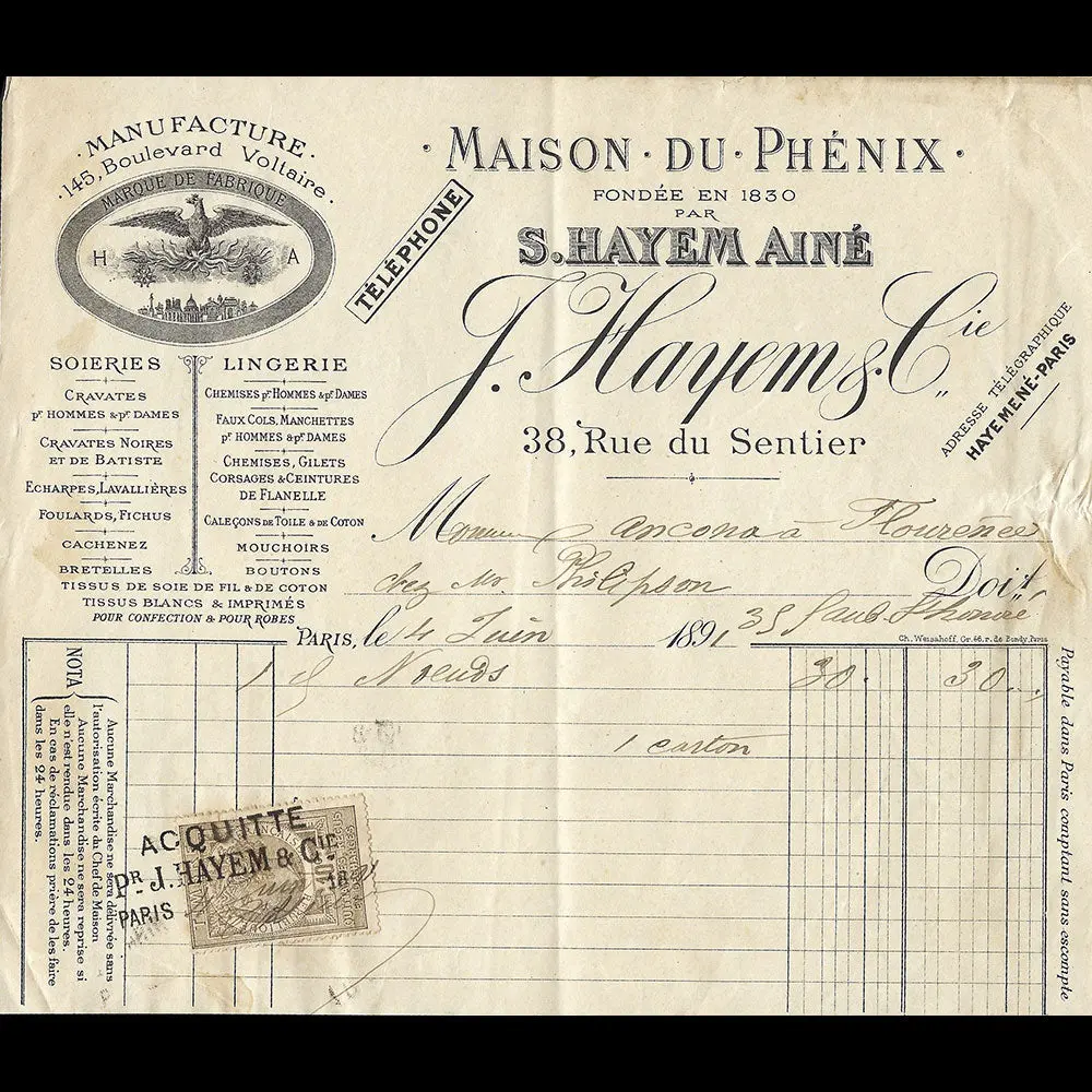 J. Hayem & Cie - Facture De La Maison Du Phénix, 38 Rue Du Sentier À Paris (1891) 1