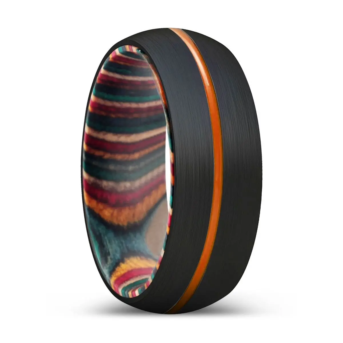 Majestic | Multi Color Wood, Black Tungsten Ring, Orange Groove, Domed 1
