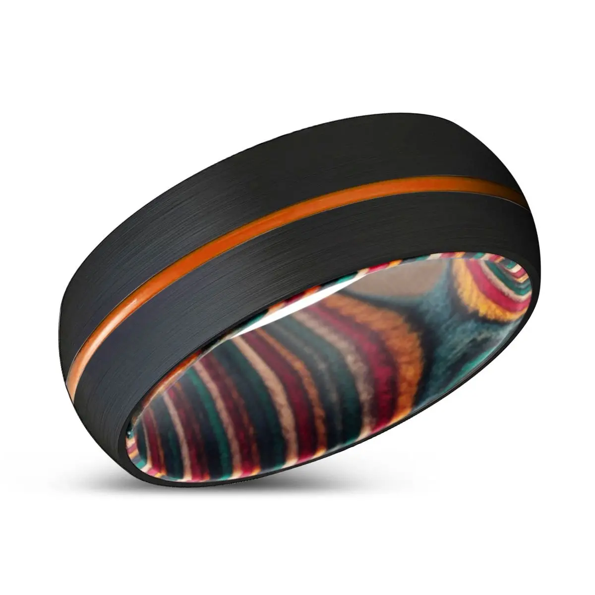 Majestic | Multi Color Wood, Black Tungsten Ring, Orange Groove, Domed 2
