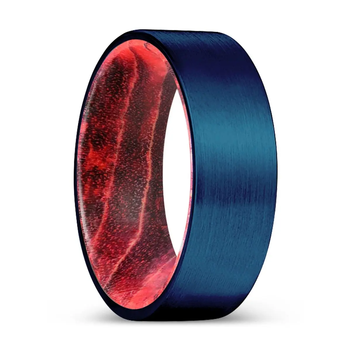 Major | Black & Red Wood, Blue Tungsten Ring, Brushed, Flat 1