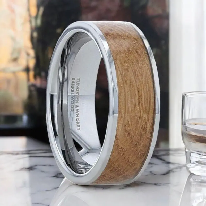 Malt | Silver Tungsten Ring, Whiskey Barrel Inlay, Flat Polished Edges 1