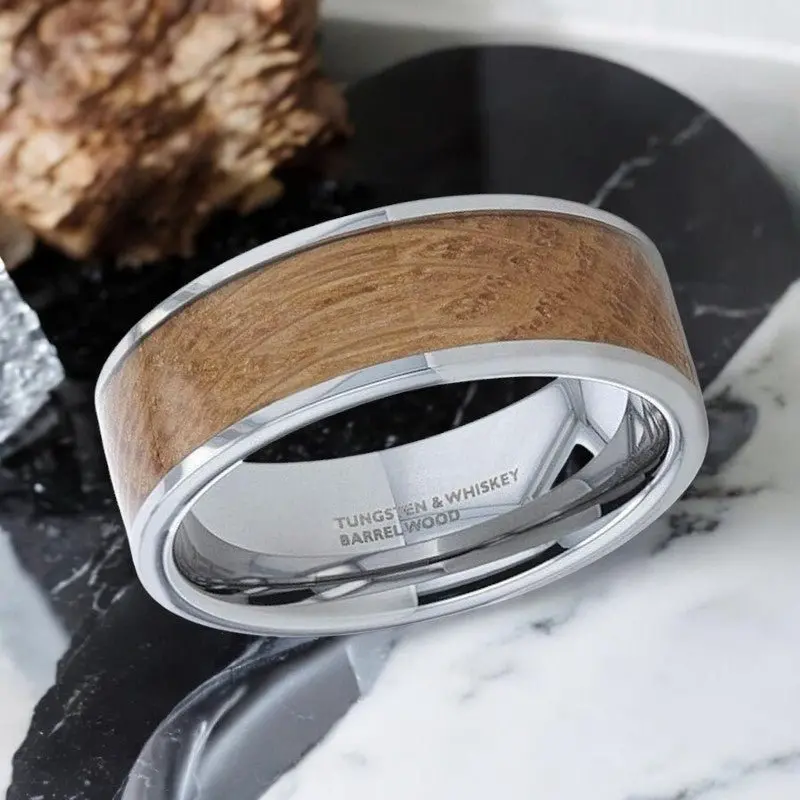 Malt | Silver Tungsten Ring, Whiskey Barrel Inlay, Flat Polished Edges 2