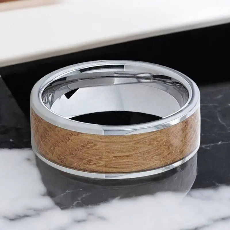 Malt | Silver Tungsten Ring, Whiskey Barrel Inlay, Flat Polished Edges 3