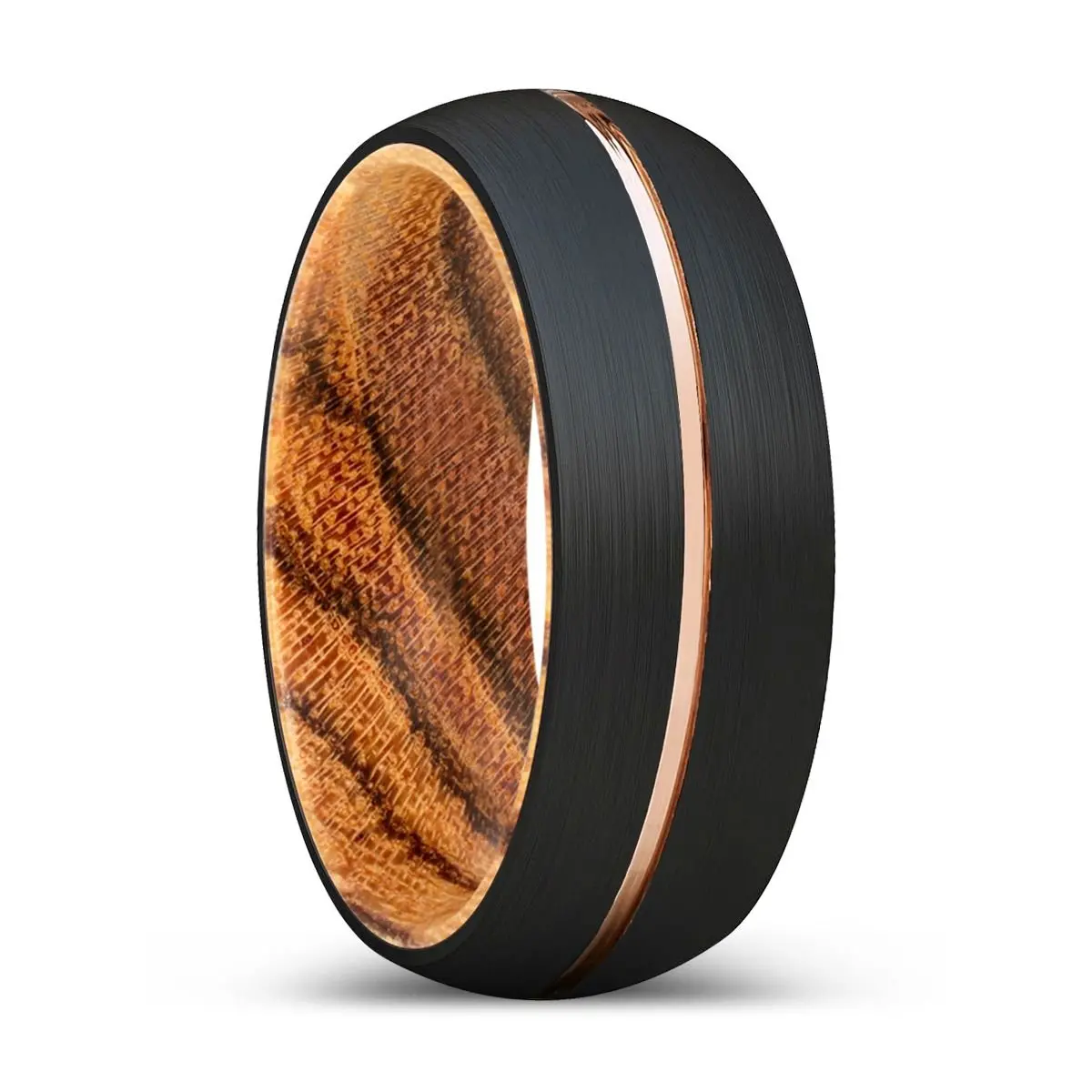 Mambo | Bocote Wood, Black Tungsten Ring, Rose Gold Groove, Domed 1