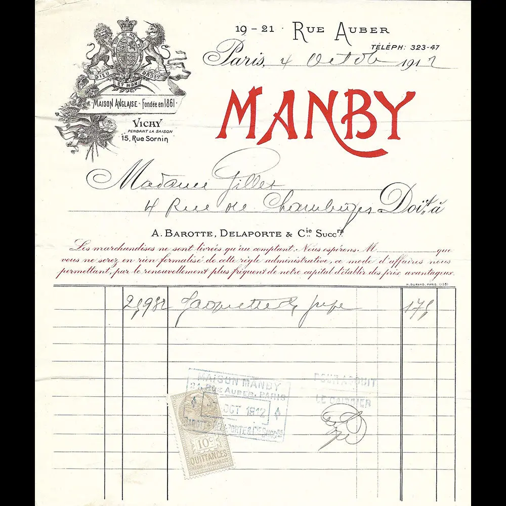 Manby - Facture Du Tailleur, 21 Rue Auber À Paris (1912) 1