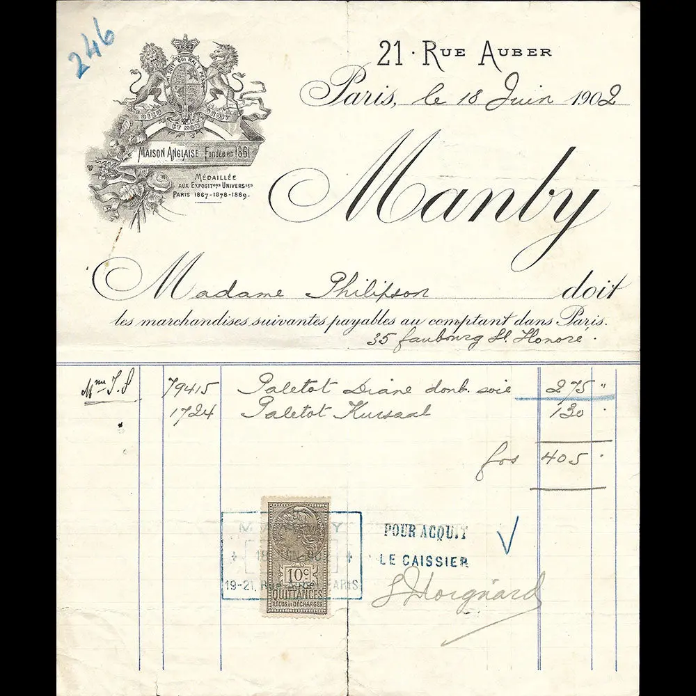 Manby - Facture Du Tailleur, 21 Rue Auber À Paris (1902) 1