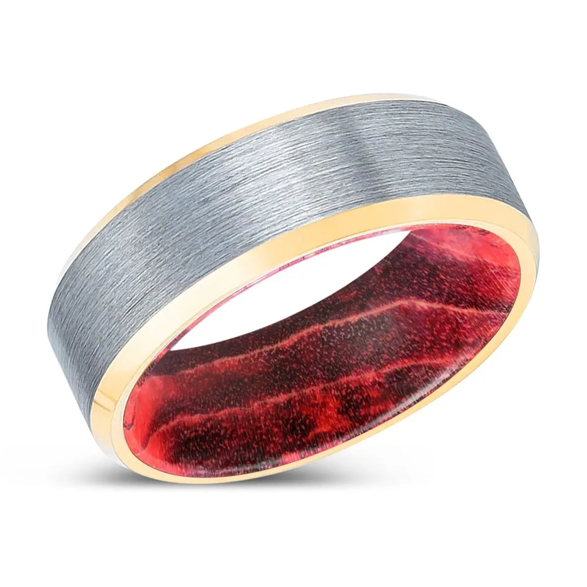 Mando | Black & Red Wood, Brushed, Silver Tungsten Ring, Gold Beveled Edges 2