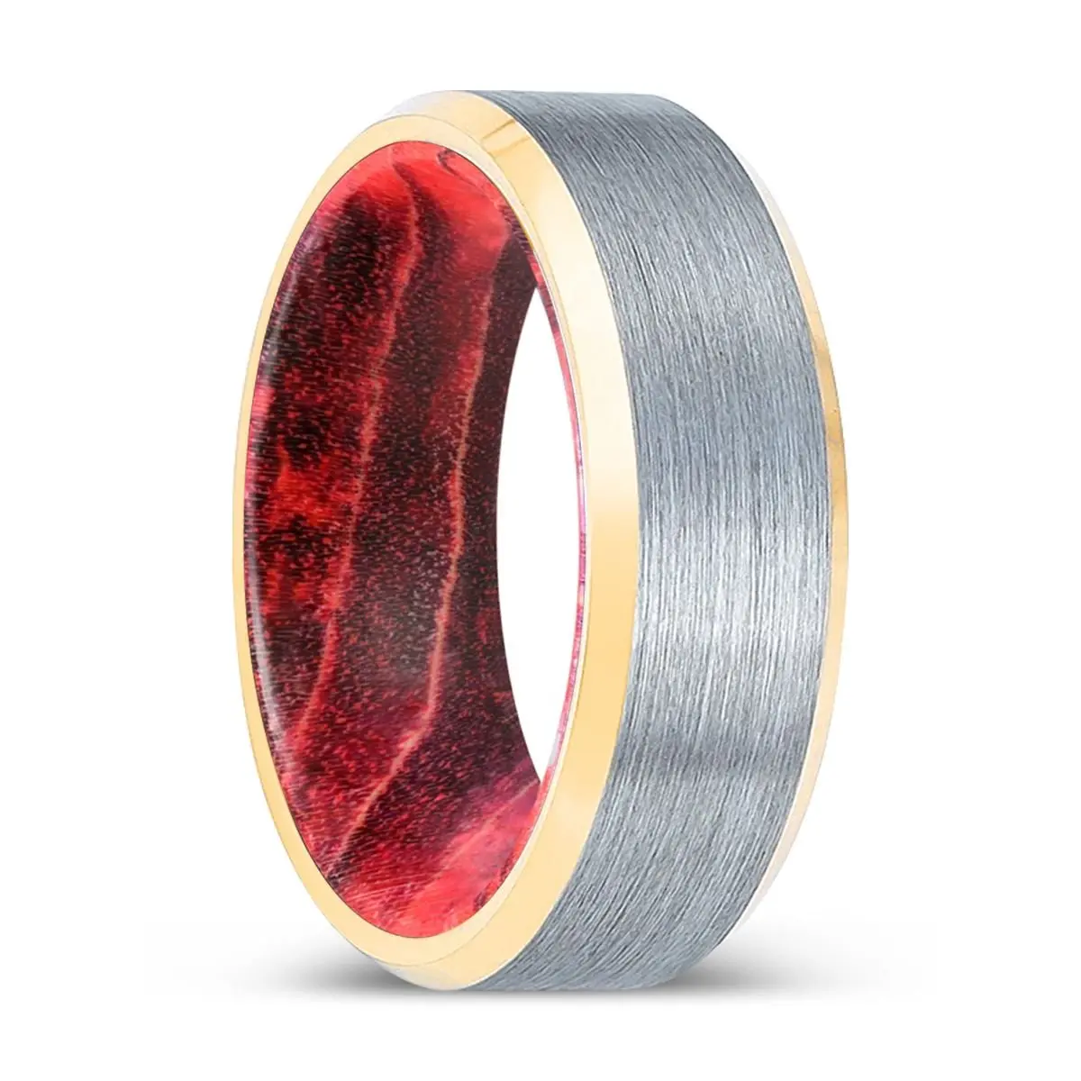 Mando | Black & Red Wood, Brushed, Silver Tungsten Ring, Gold Beveled Edges 1