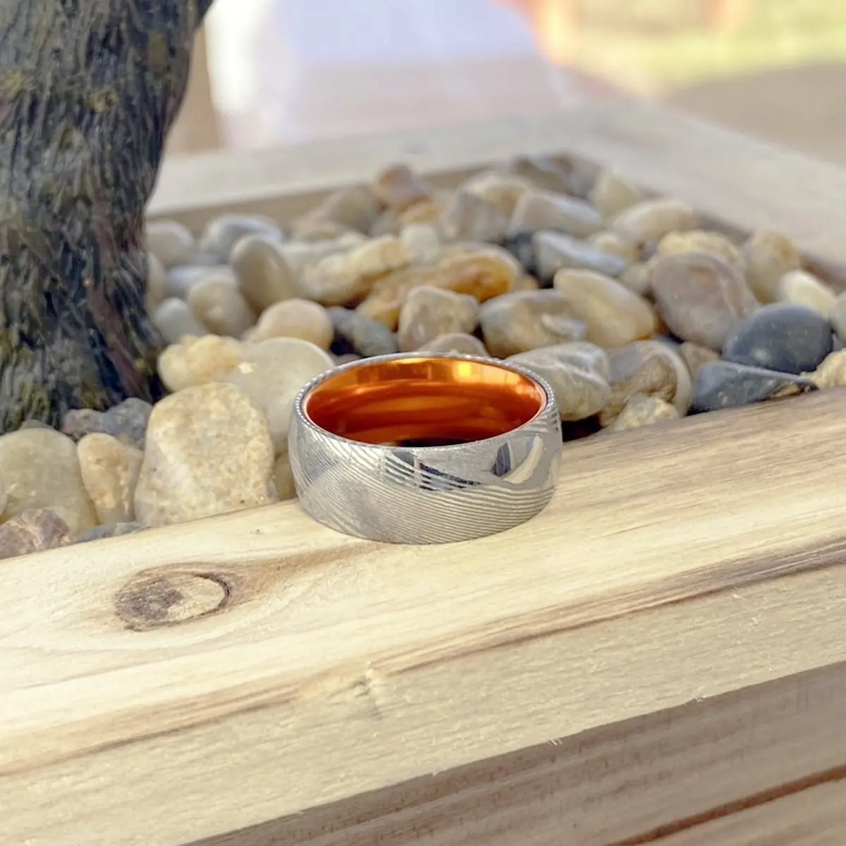 Mandrin | Orange Ring, Silver Damascus Steel, Domed 7