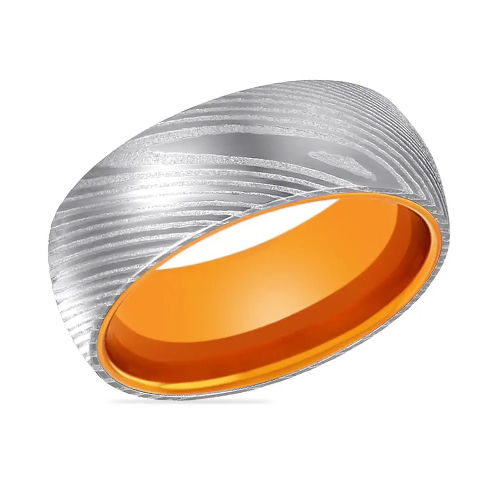 Mandrin | Orange Ring, Silver Damascus Steel, Domed 2