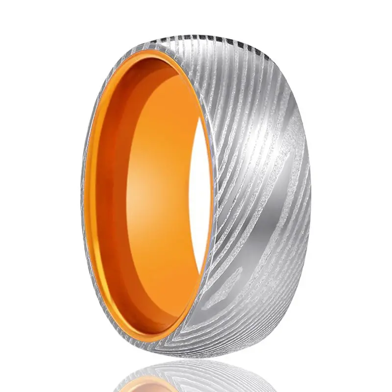 Mandrin | Orange Ring, Silver Damascus Steel, Domed 1
