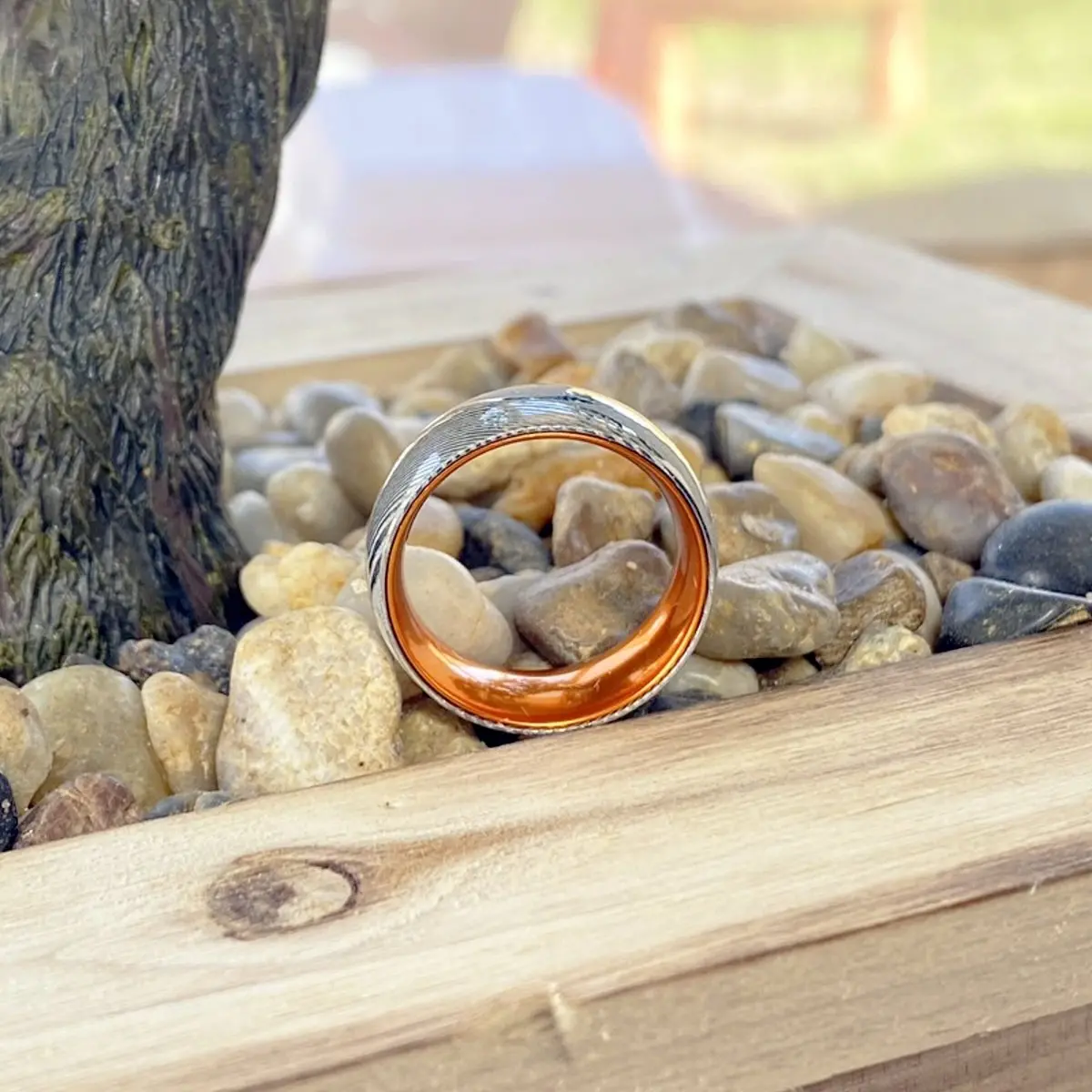 Mandrin | Orange Ring, Silver Damascus Steel, Domed 6