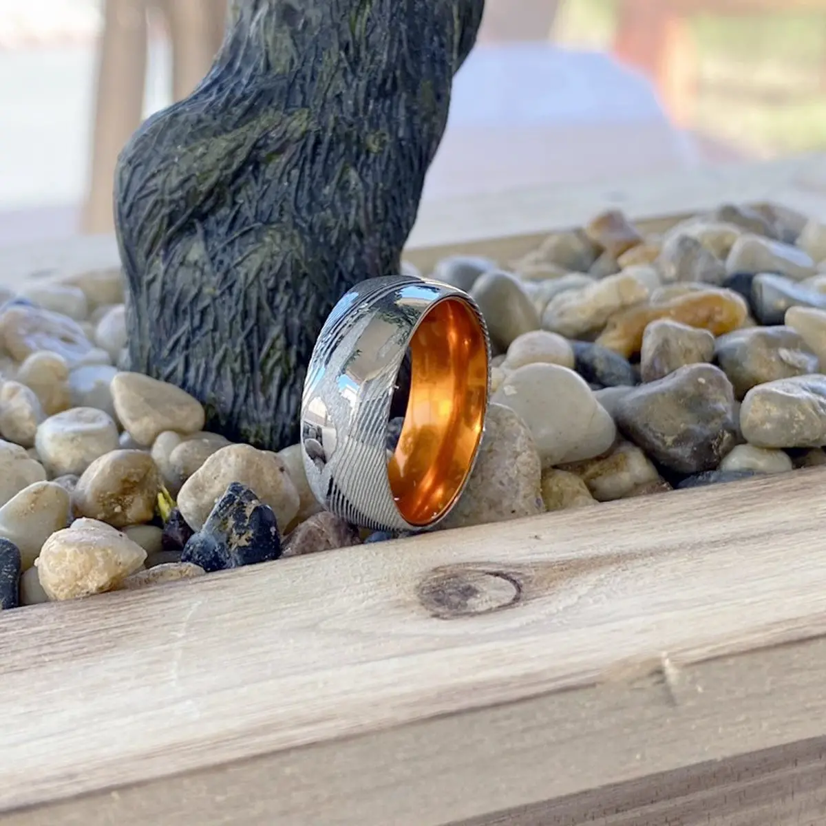 Mandrin | Orange Ring, Silver Damascus Steel, Domed 5