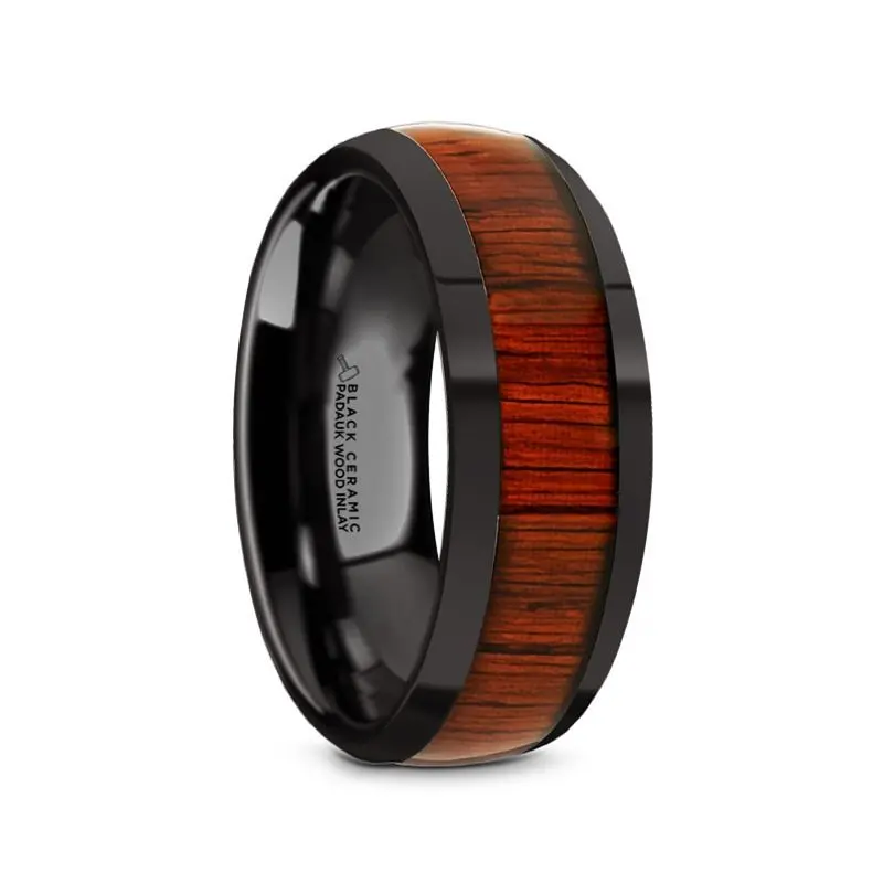 Mane | Black Ceramic Ring, Padauk Wood Inlay, Domed 1