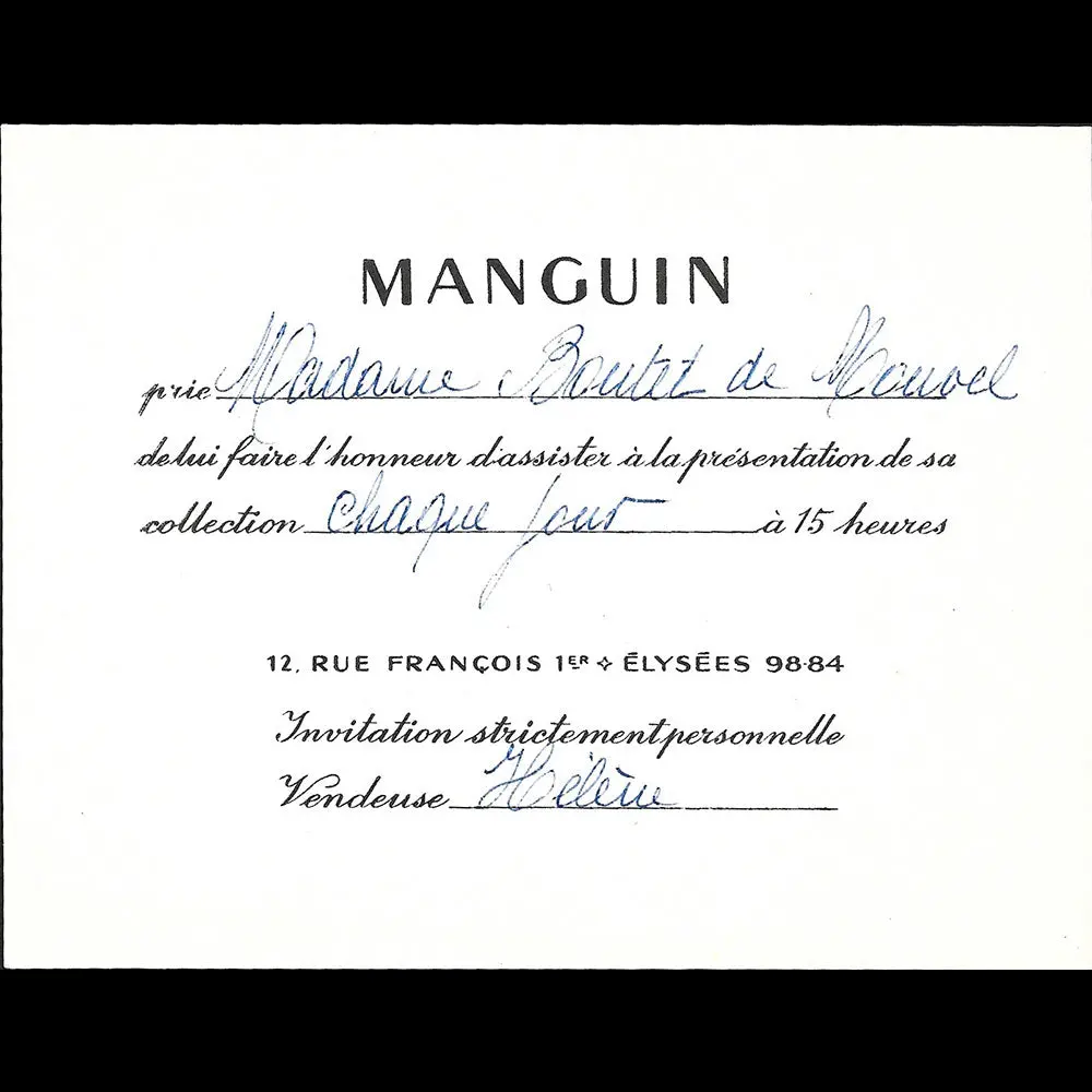 Manguin - Carton D'invitation De La Maison De Couture, 12 Rue François Ier À Paris (1950S) 1