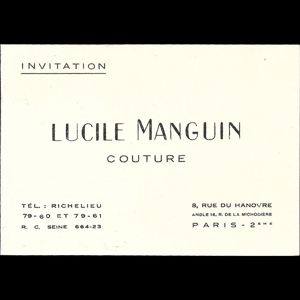 Lucile Manguin - Carton D'invitation De La Maison De Couture, 6 Rue Du Hanovre À Paris (1930S) 1