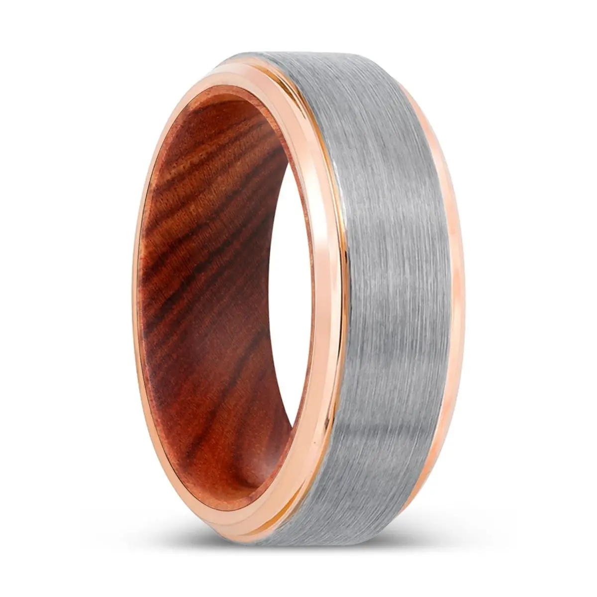Mantis | Iron Wood, Silver Tungsten Ring, Brushed, Rose Gold Stepped Edge 1