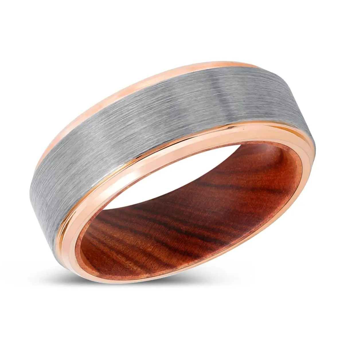 Mantis | Iron Wood, Silver Tungsten Ring, Brushed, Rose Gold Stepped Edge 2