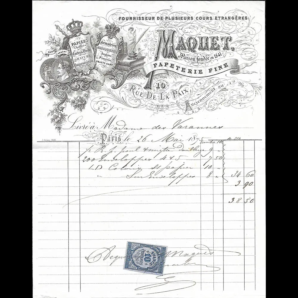 Facture De La Maison Maquet, Graveur, 10 Rue De La Paix À Paris (1875) 1