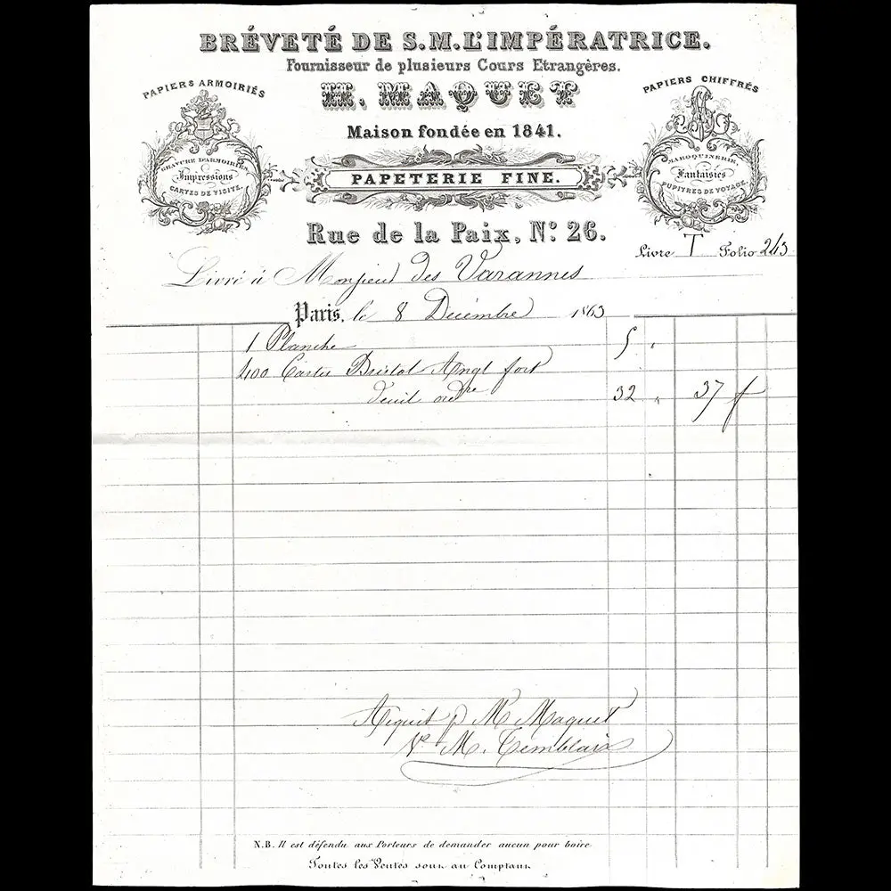 Facture De La Maison Maquet, Graveur, 26 Rue De La Paix À Paris (1863) 1