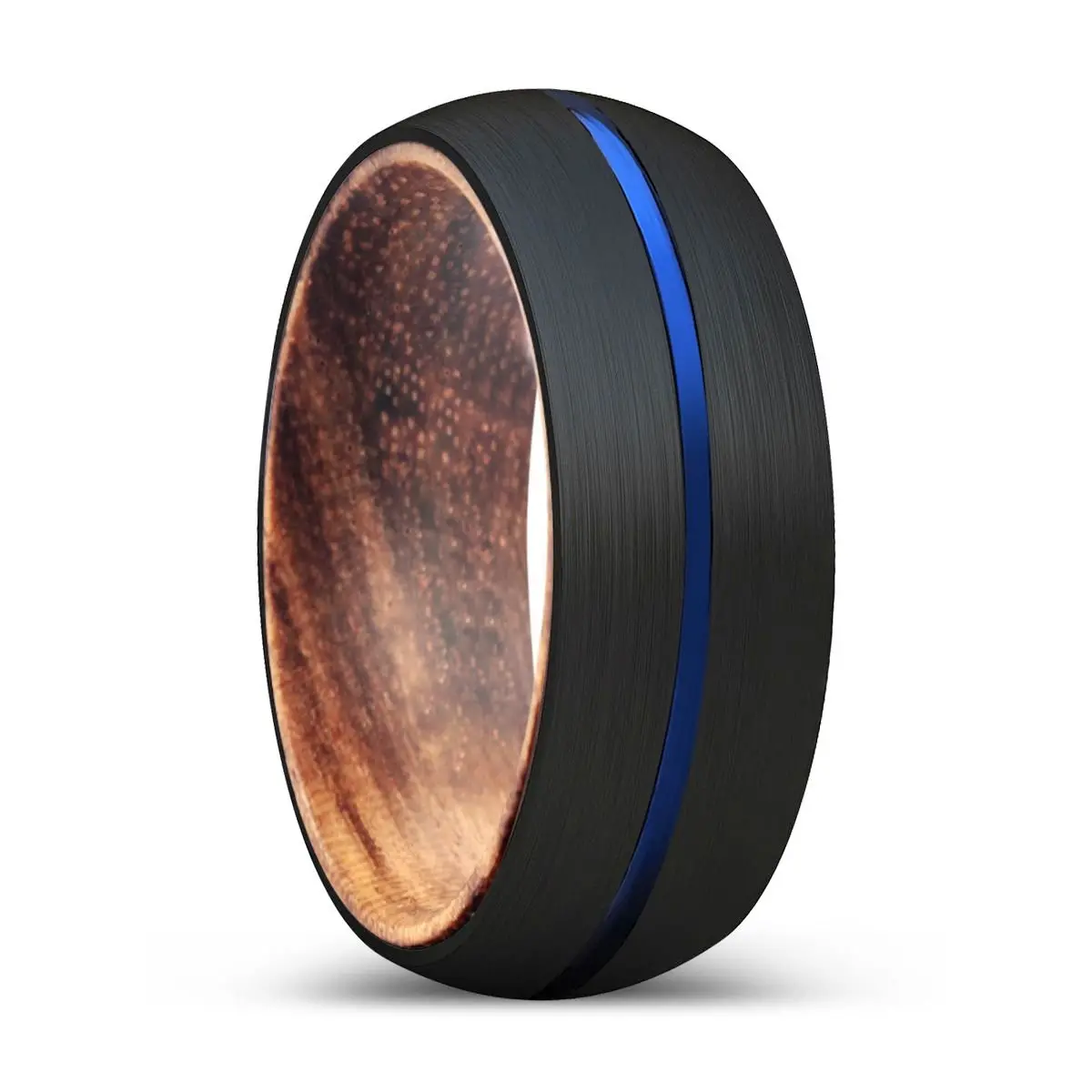 Marcello | Zebra Wood, Black Tungsten Ring, Blue Groove, Domed 1
