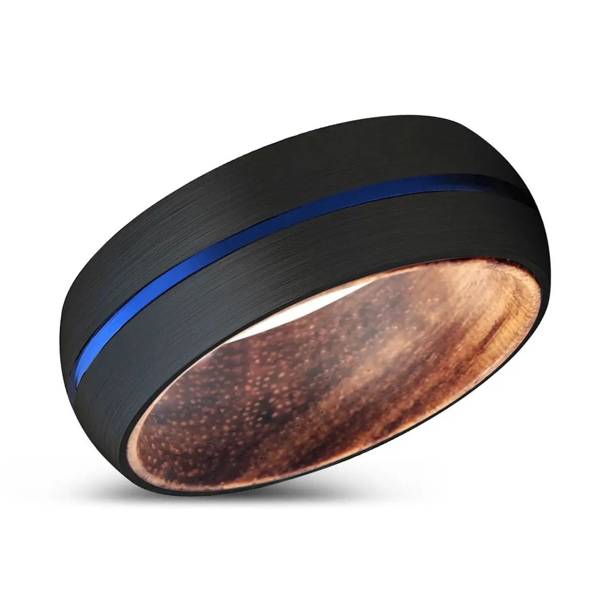 Marcello | Zebra Wood, Black Tungsten Ring, Blue Groove, Domed 2