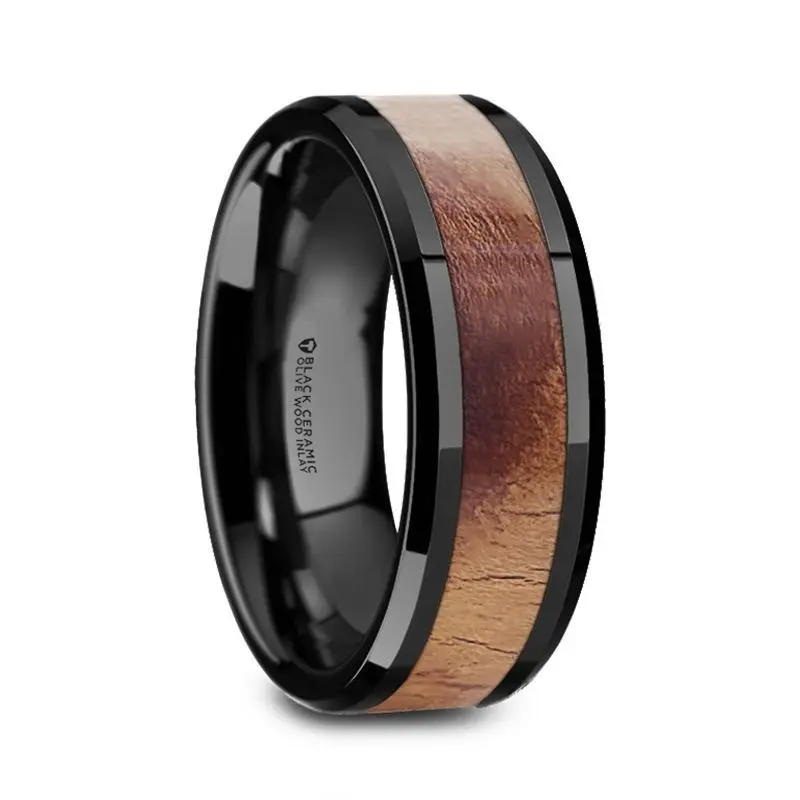 Marcus | Black Ceramic Ring, Olive Wood Inlay, Beveled 1