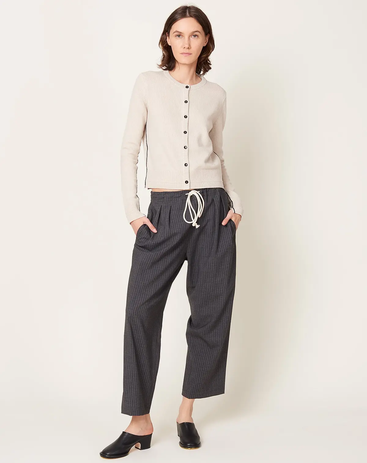Cosy Drawstring Pant In Charcoal Pinstripe 1