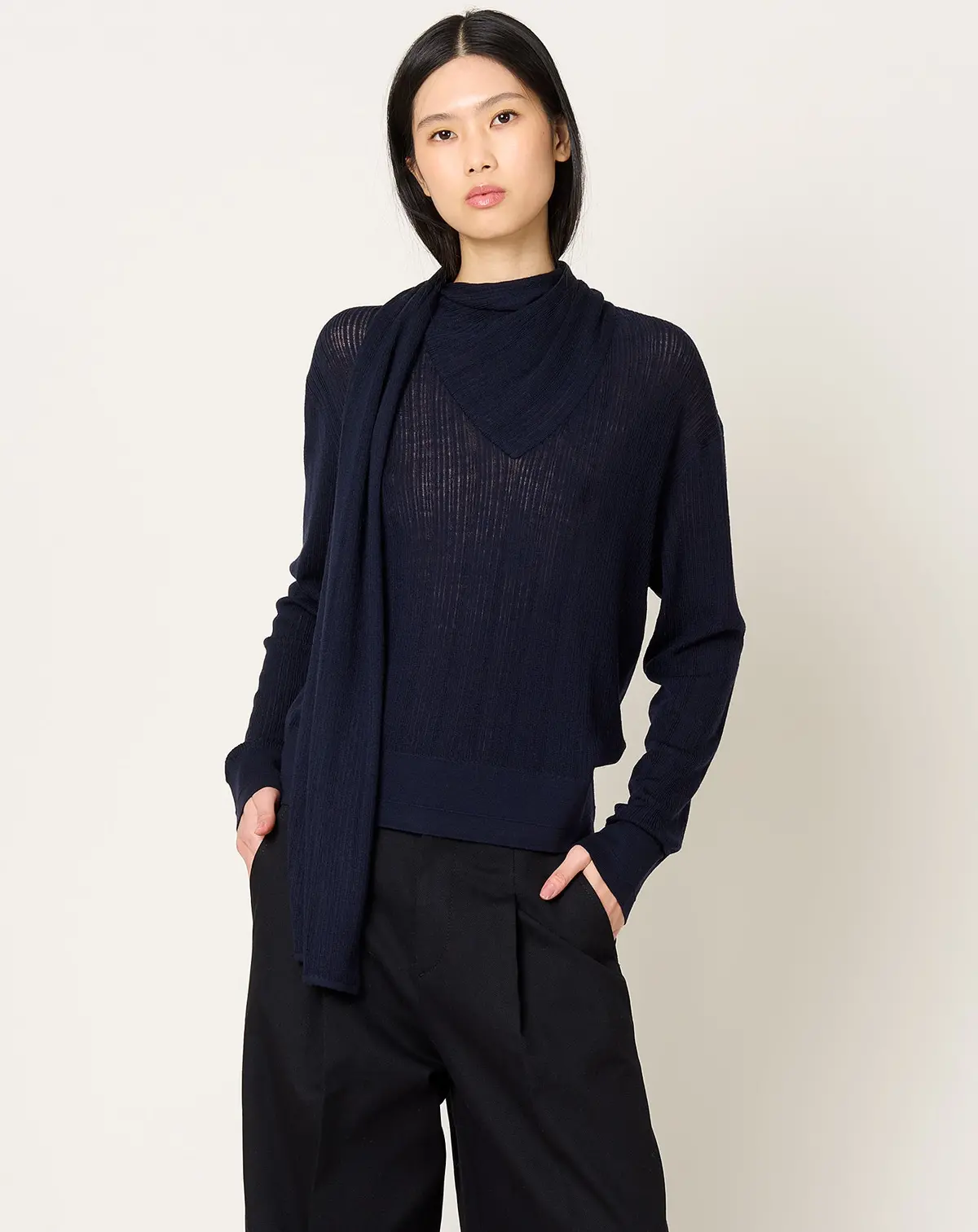 Drop Needle Scarf Sweater In Midnight Navy 1