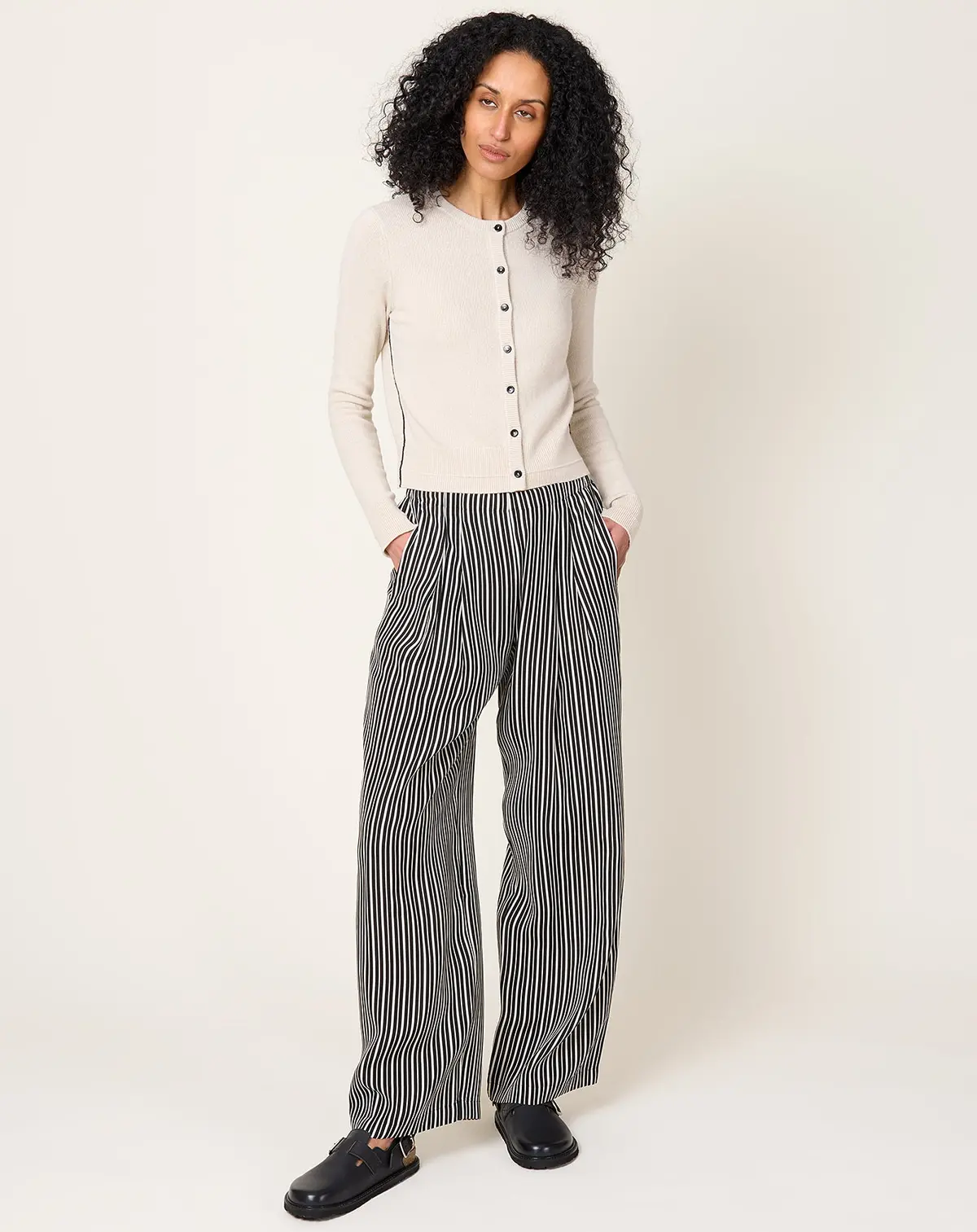 Flap Pocket Pleat Pant In Black & White Awning Stripe 1