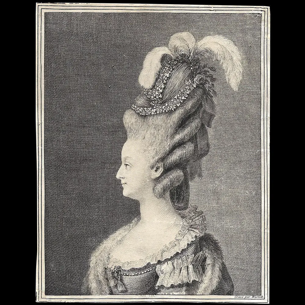 Wartell - Antoinette D'autriche, Gravure De La Reine Marie-Antoinette Coiffée À 4 Boucles (1777) 1