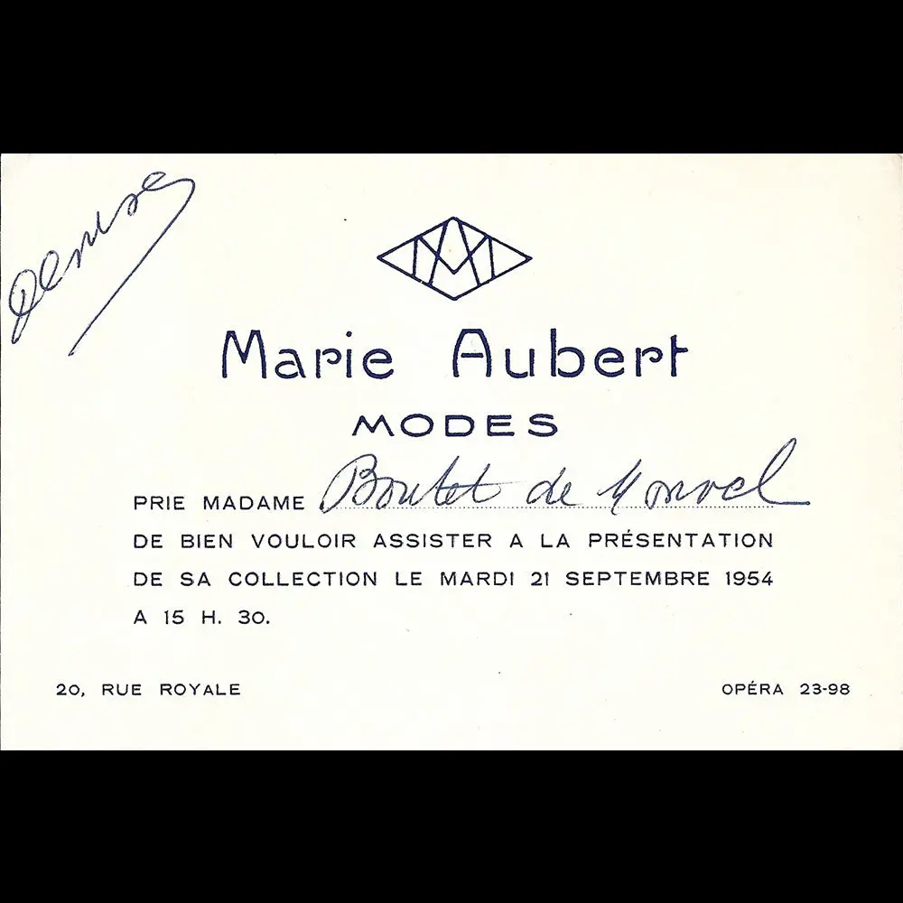 Marie Aubert - Carte De La Maison De Chapeaux, 20 Rue Royale À Paris (1954) 1
